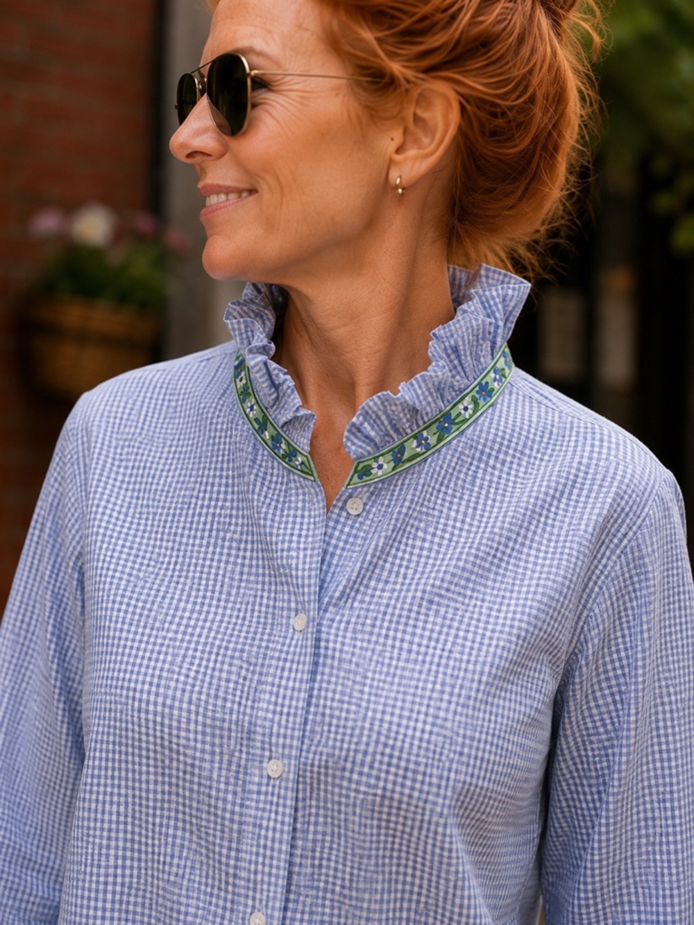 Reworked CHAPS Button Down Ruffle Collar Scandinavian Ribbon Top | OOAK | XL